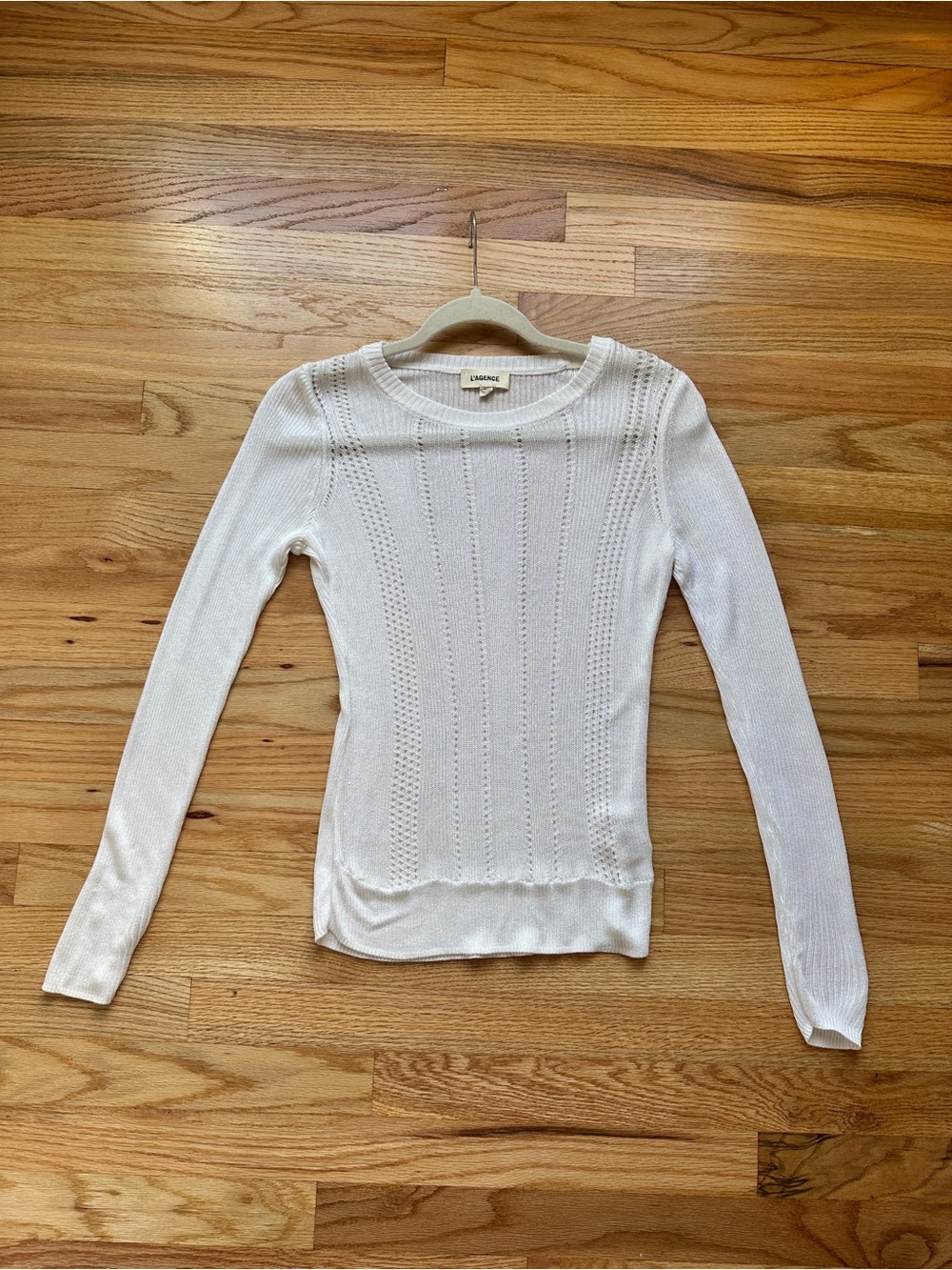 L’Agence White Pointelle Knit Sweater Size S/P – 100% Rayon Lightweight Crewneck